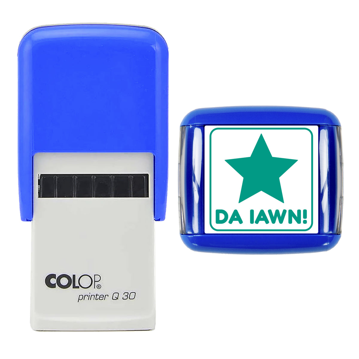 Da Iawn Welsh Teacher Reward Stamp, COLOP Q30, 30 x 30mm, green ink