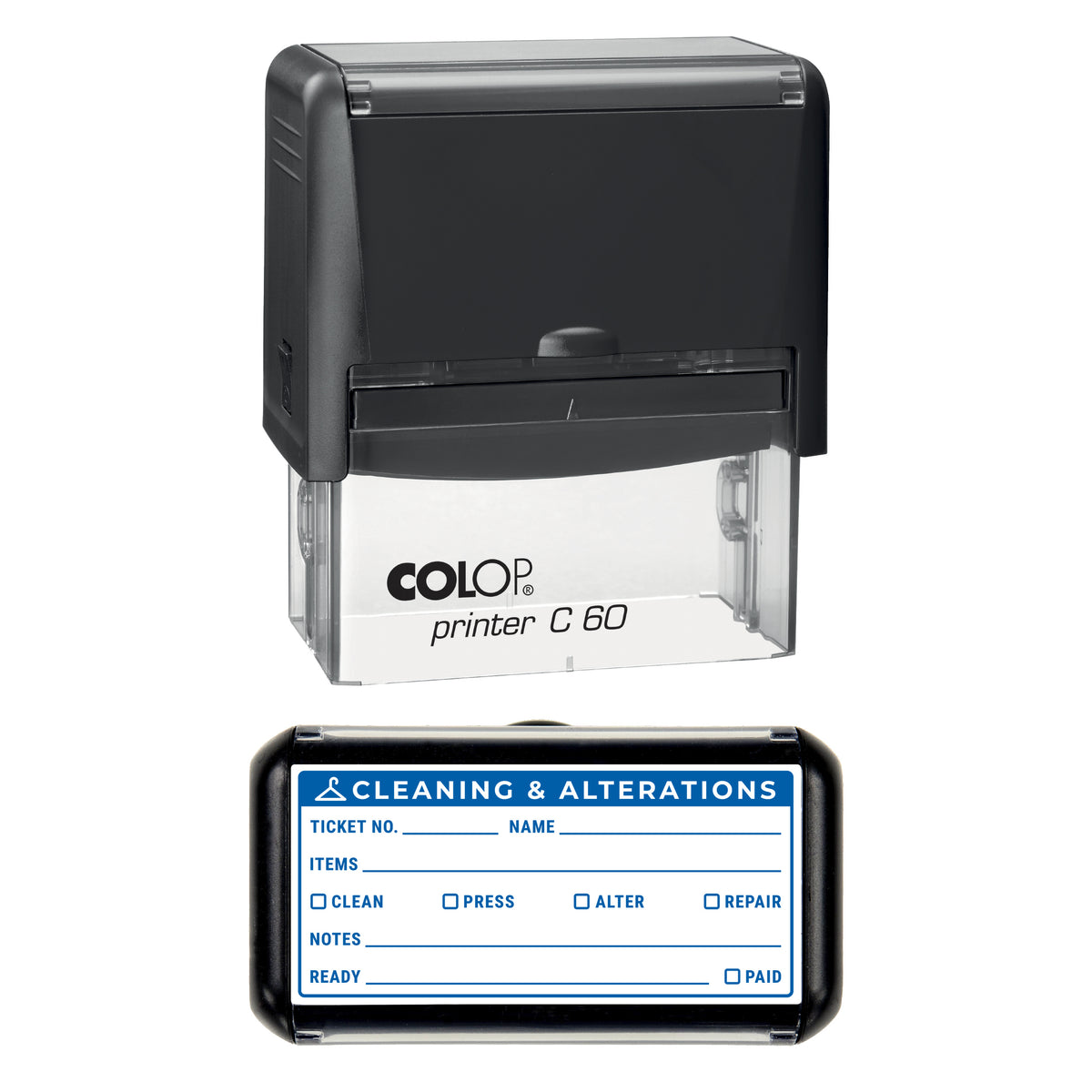 Cleaning and Alterations Ticket Stamp, COLOP C60, 77 x 36mm, blue ink