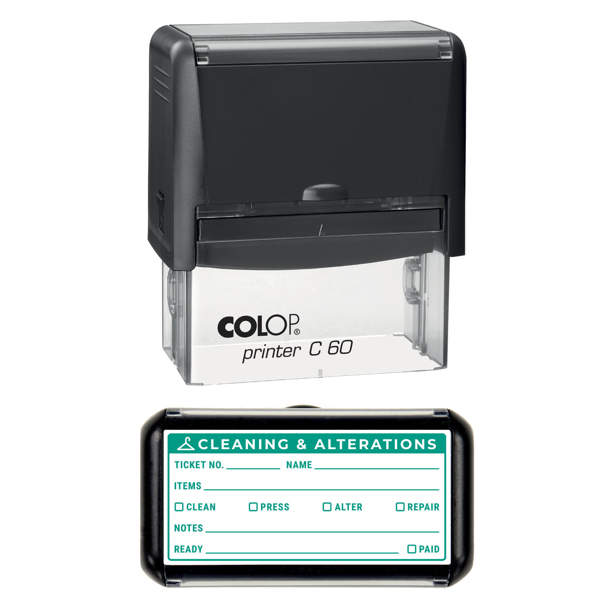 Cleaning and Alterations Ticket Stamp, COLOP C60, 77 x 36mm, green ink