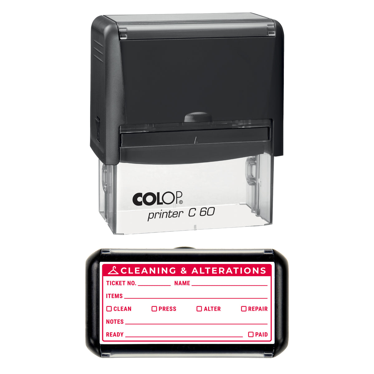 Cleaning and Alterations Ticket Stamp, COLOP C60, 77 x 36mm, red ink