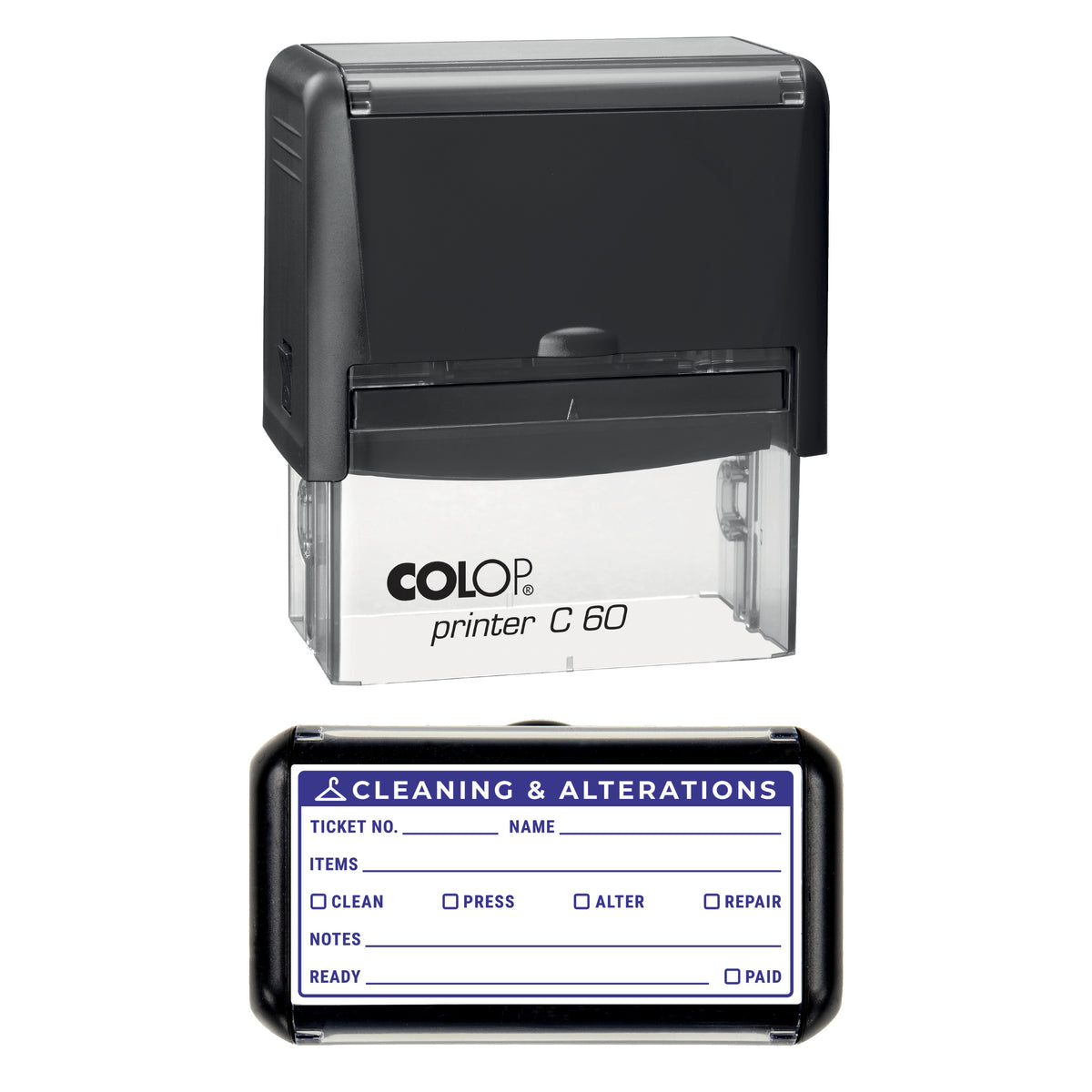 Cleaning and Alterations Ticket Stamp, COLOP C60, 77 x 36mm, violet ink