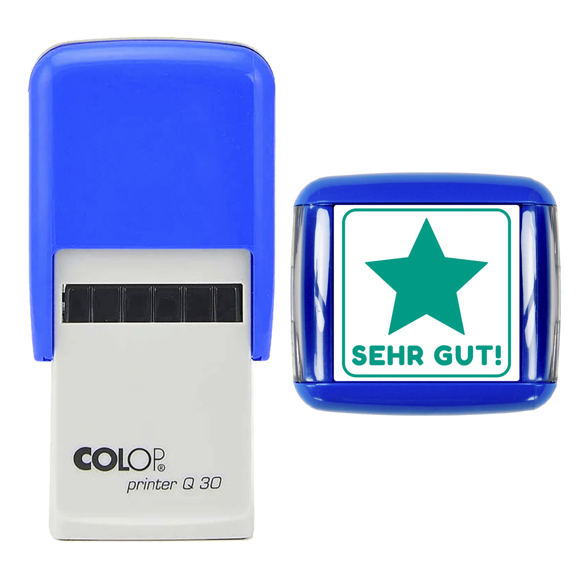 Sehr Gut German Teacher Reward Stamp, COLOP Q30, 30 x 30mm, green ink