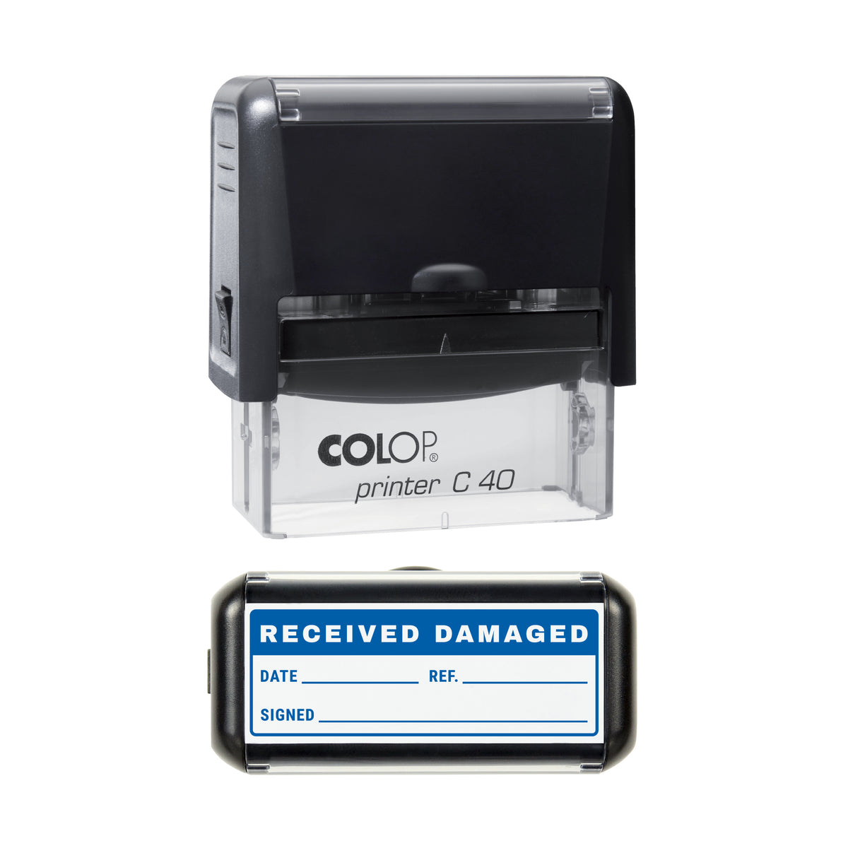 Received Damaged Goods Record Stamp, COLOP C40, 58 x 22mm, blue ink