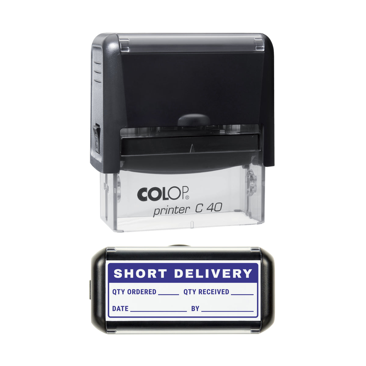 Short Delivery Goods Record Stamp, COLOP C40, 58 x 22mm, violet ink