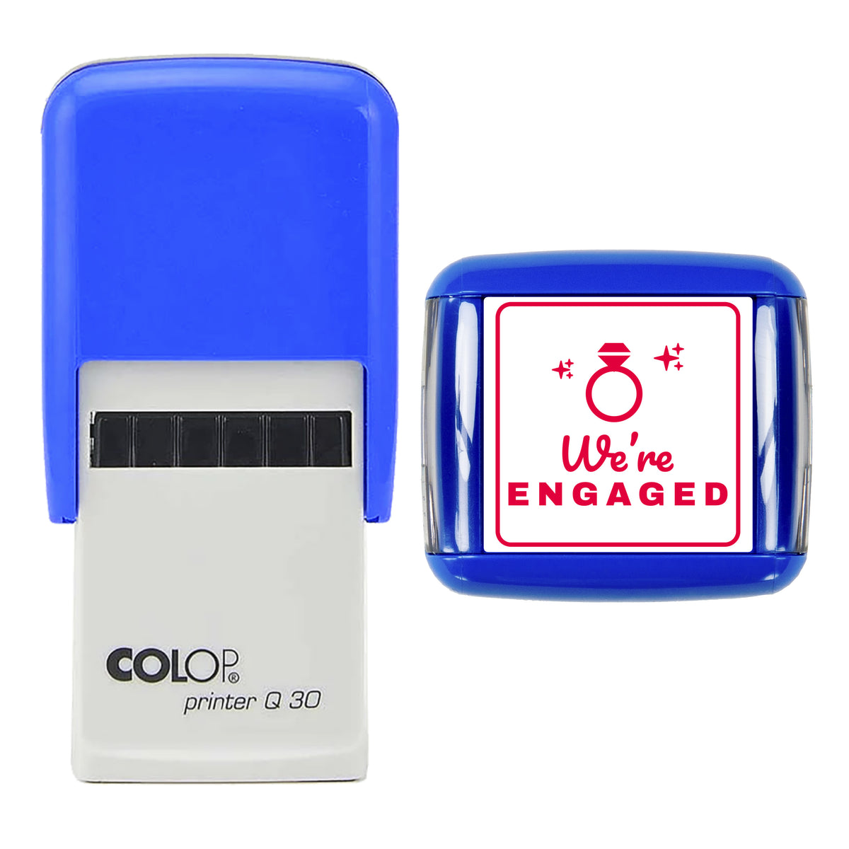 We Are Engaged Ring Greeting Stamp, COLOP Q30, 30 x 30mm, red ink