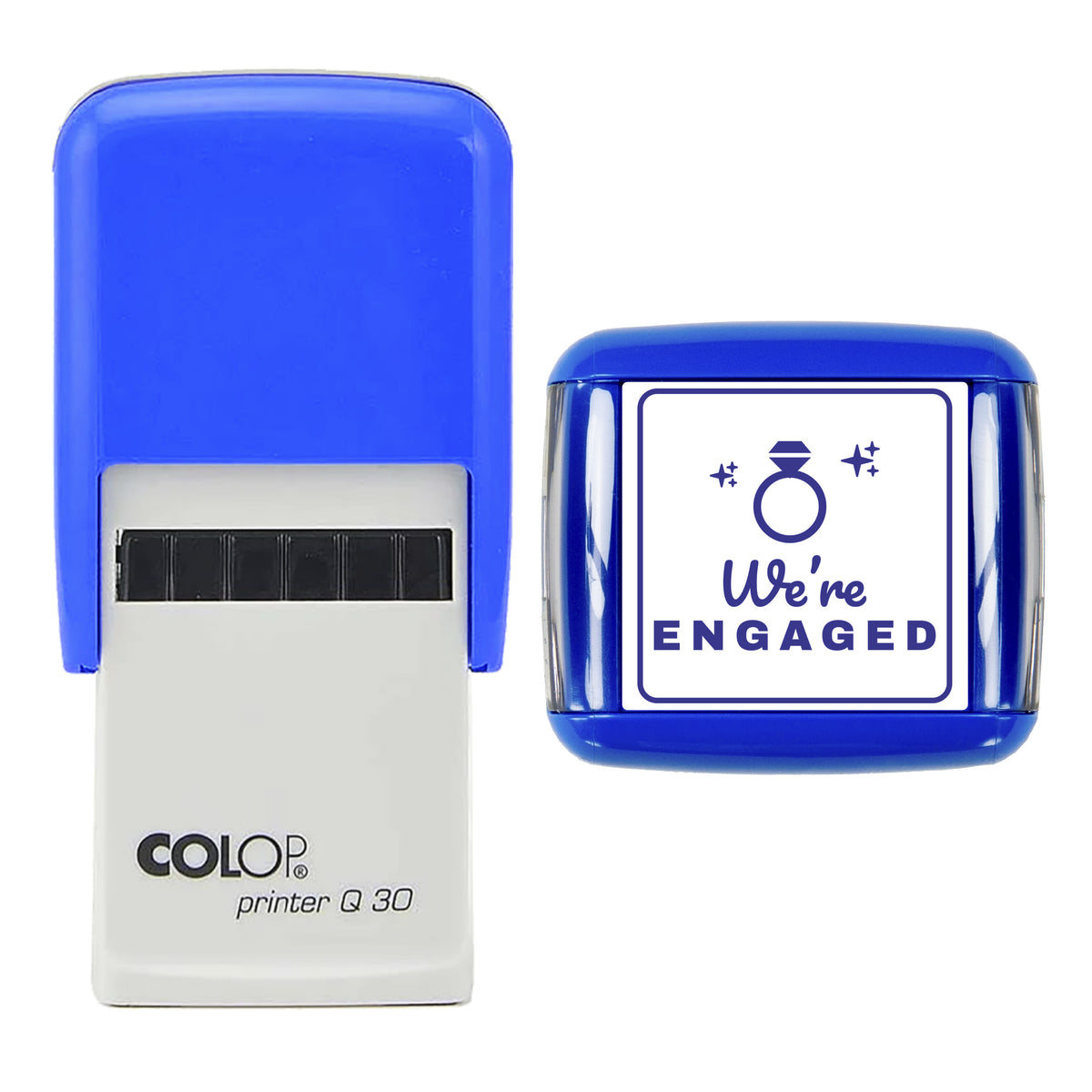 We Are Engaged Ring Greeting Stamp, COLOP Q30, 30 x 30mm, violet ink