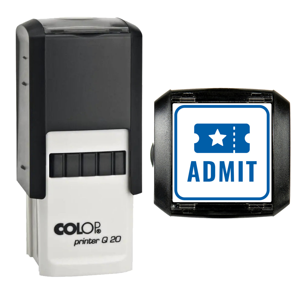 Admit Event Ticket Stamp, COLOP Q20, 20 x 20mm, blue ink