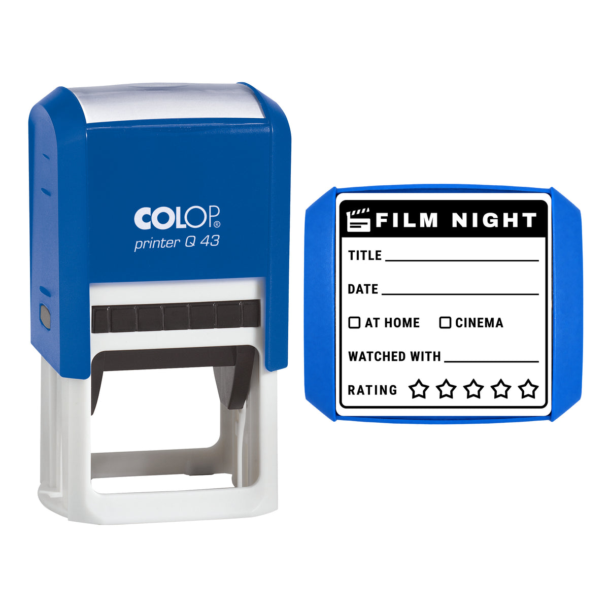 Film Night Journal Log Stamp, COLOP Q43, 43 x 43mm, black ink