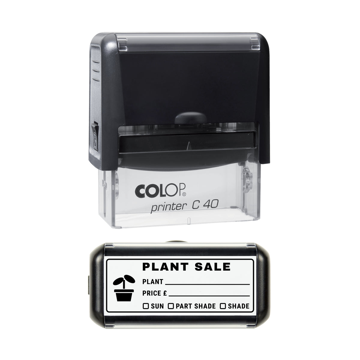 Plant Sale Label Sun and Shade Stamp, COLOP C40, 58 x 22mm, black ink
