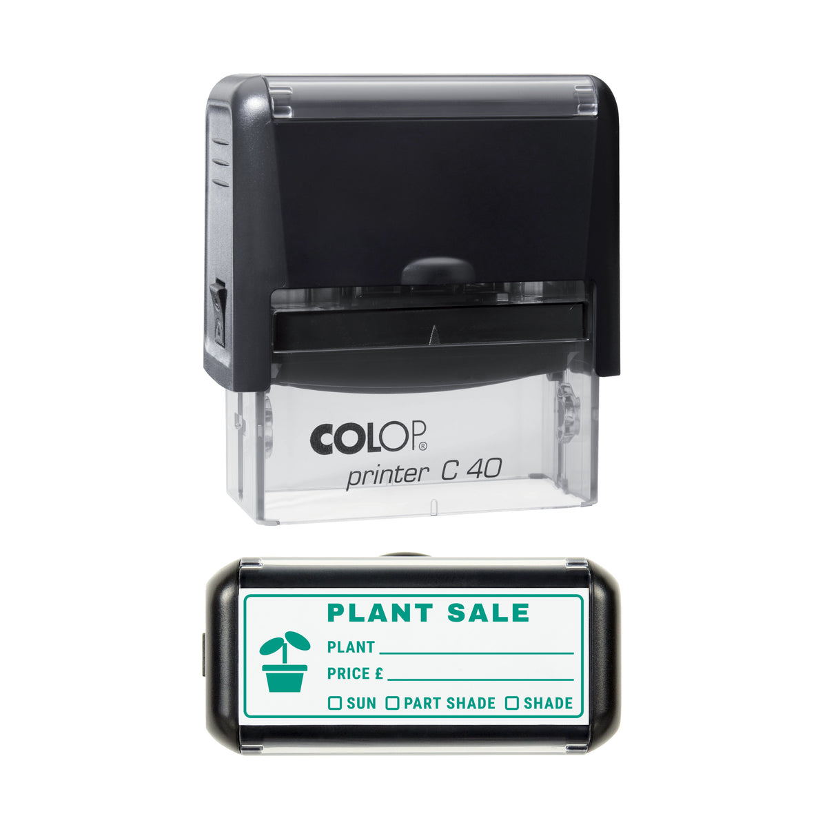Plant Sale Label Sun and Shade Stamp, COLOP C40, 58 x 22mm, green ink