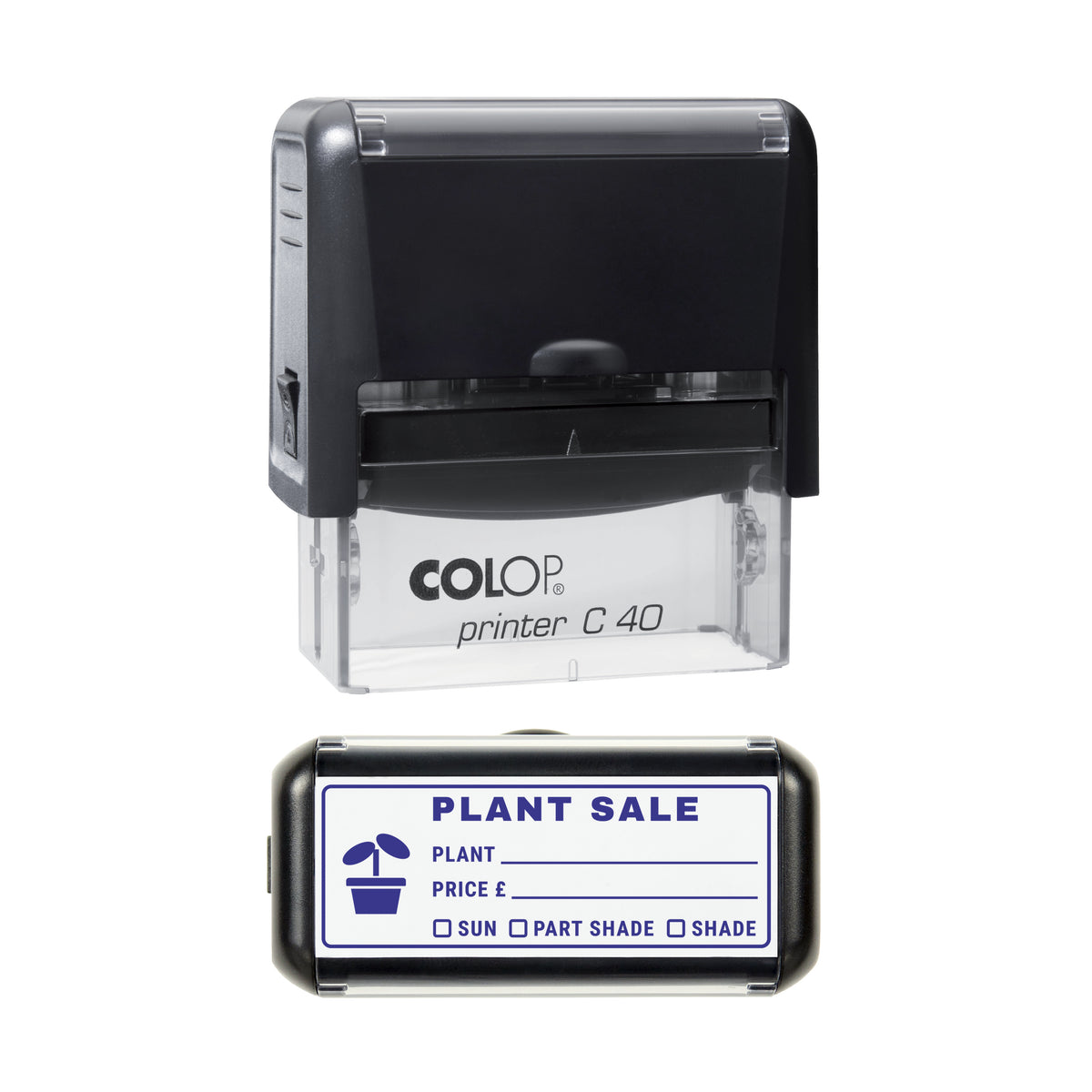 Plant Sale Label Sun and Shade Stamp, COLOP C40, 58 x 22mm, violet ink