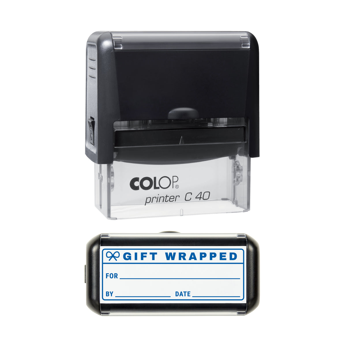 Gift Wrapped Record Stamp, COLOP C40, 58 x 22mm, blue ink