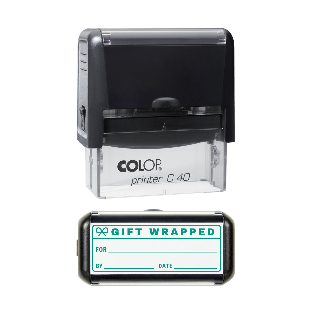 Gift Wrapped Record Stamp, COLOP C40, 58 x 22mm, green ink