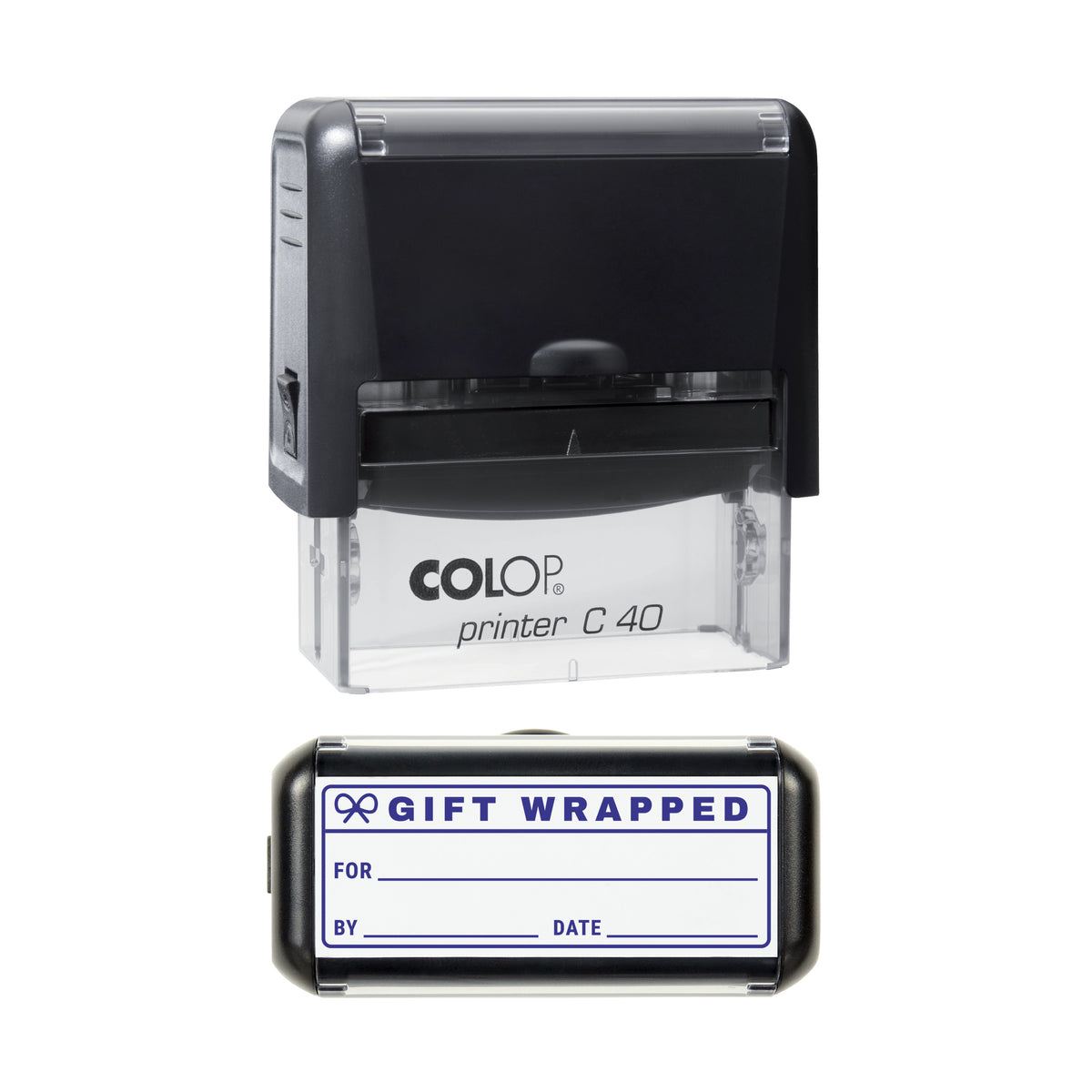 Gift Wrapped Record Stamp, COLOP C40, 58 x 22mm, violet ink