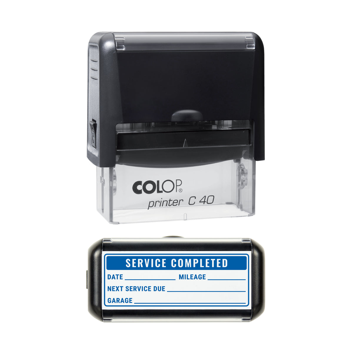 Service Completed Vehicle Record Stamp, COLOP C40, 58 x 22mm, blue ink