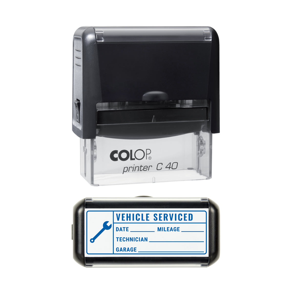 Vehicle Serviced Spanner Record Stamp, COLOP C40, 58 x 22mm, blue ink