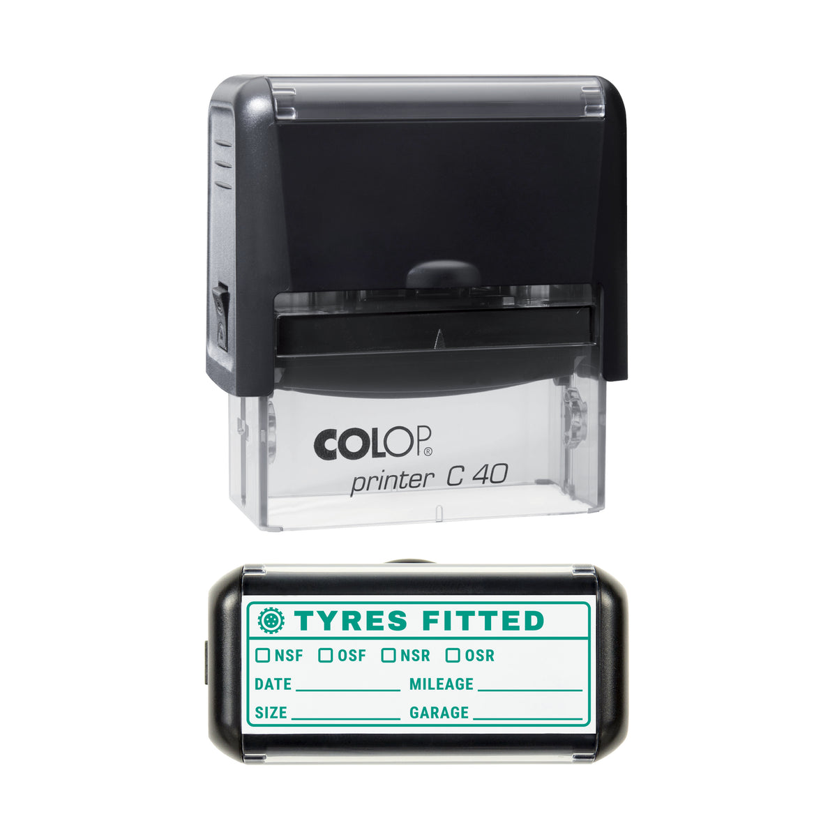Tyres Fitted Vehicle Service Record Stamp, COLOP C40, 58 x 22mm, green ink