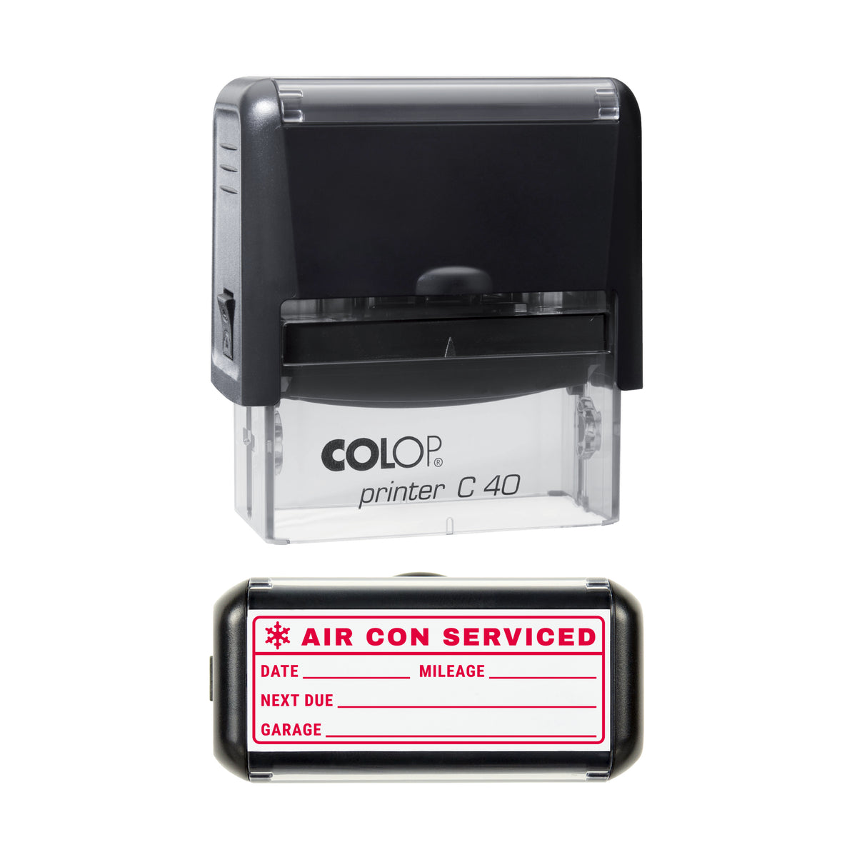 Air Con Serviced Vehicle Record Stamp, COLOP C40, 58 x 22mm, red ink