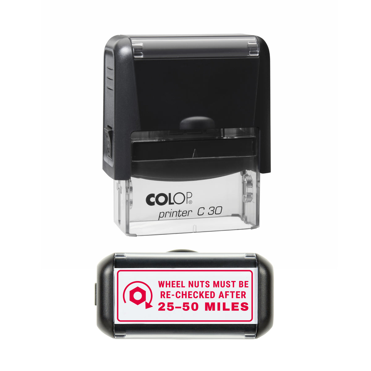 Wheel Nut Recheck Vehicle Service Reminder Stamp, COLOP C30, 45 x 18mm, red ink