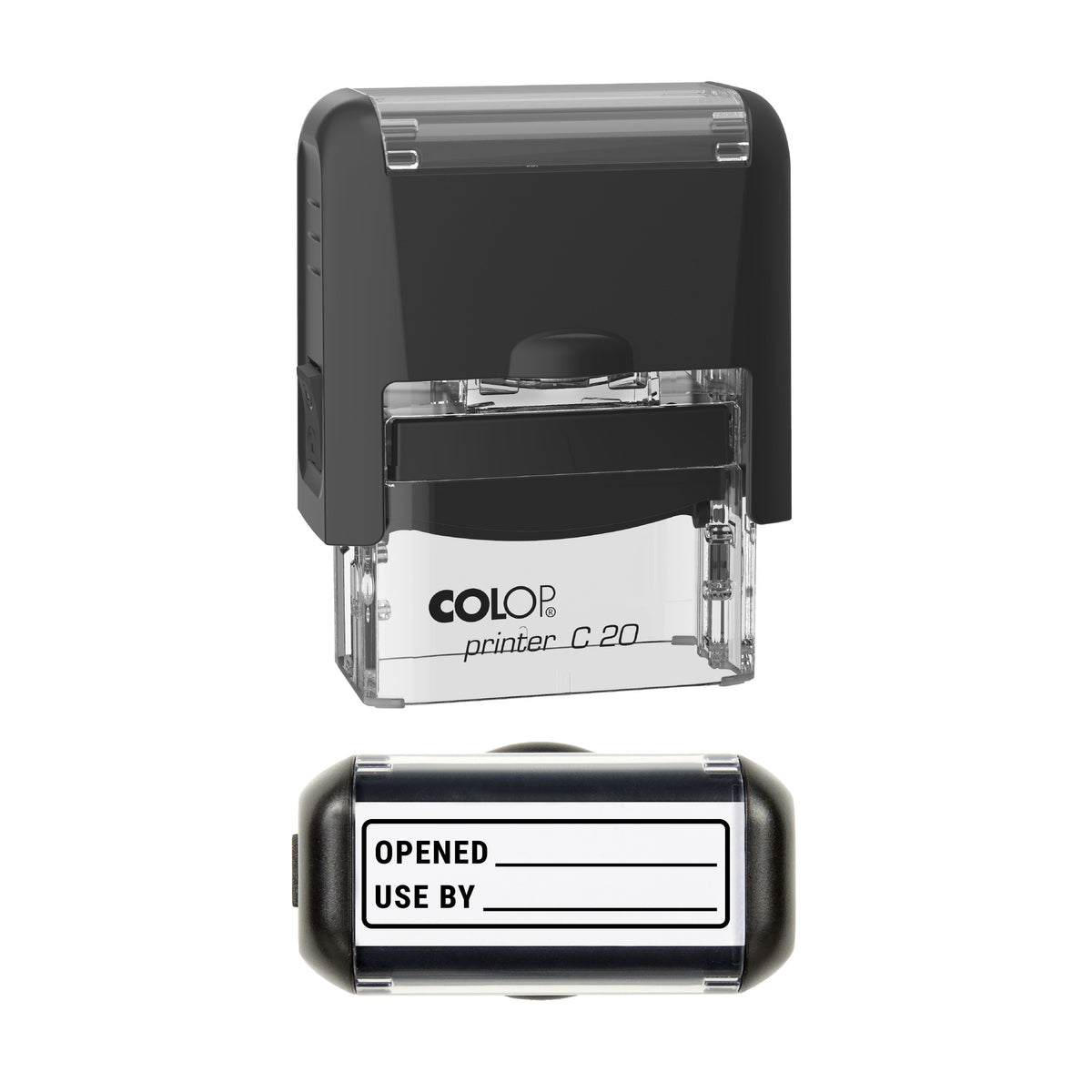 Opened and Use By Date Label Stamp, COLOP C20, 37 x 12mm, black ink
