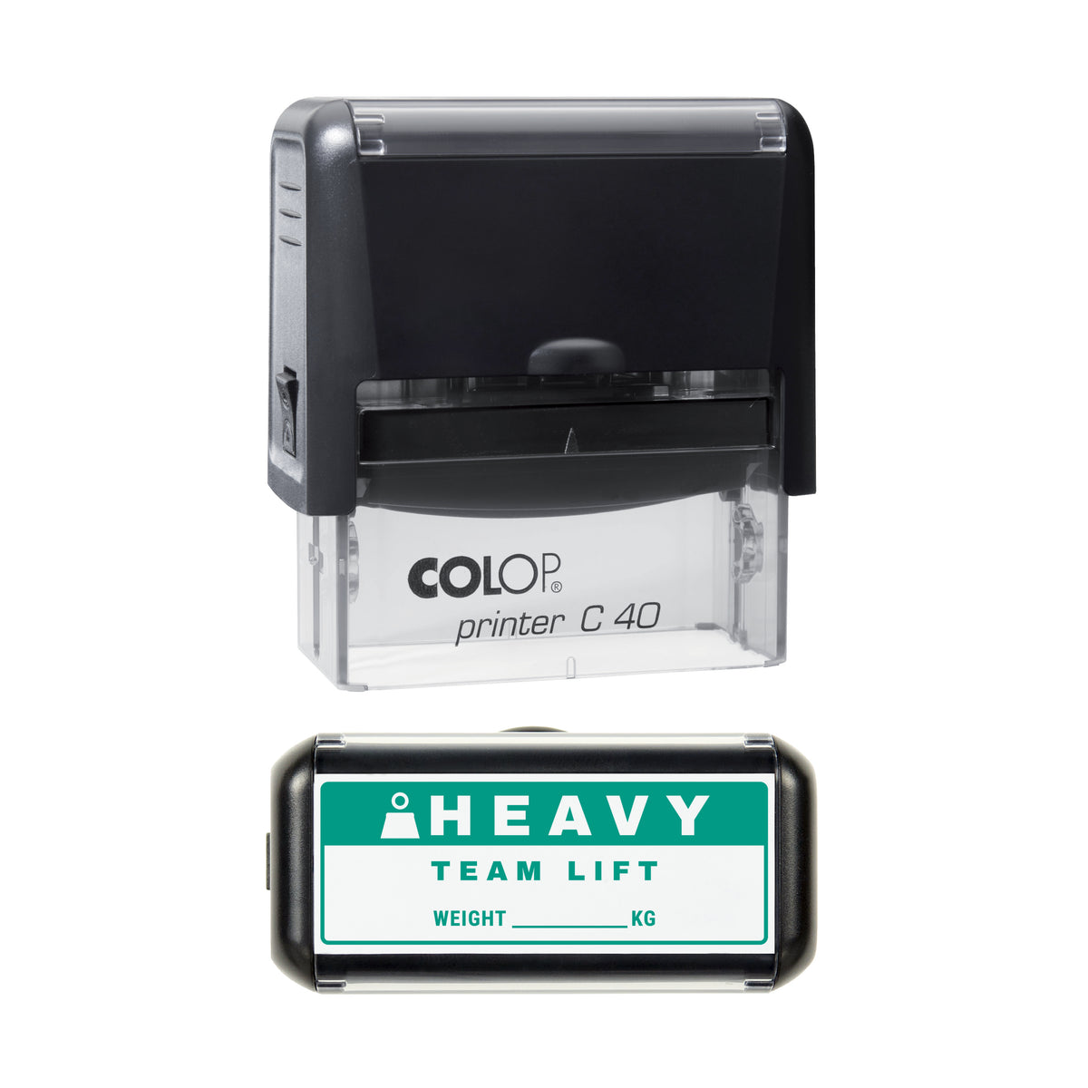 Heavy Team Lift Weight Label Stamp, COLOP C40, 58 x 22mm, green ink