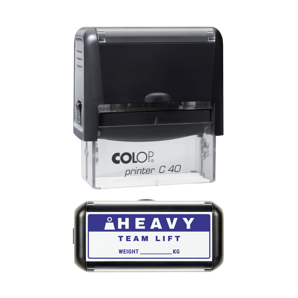 Heavy Team Lift Weight Label Stamp, COLOP C40, 58 x 22mm, violet ink