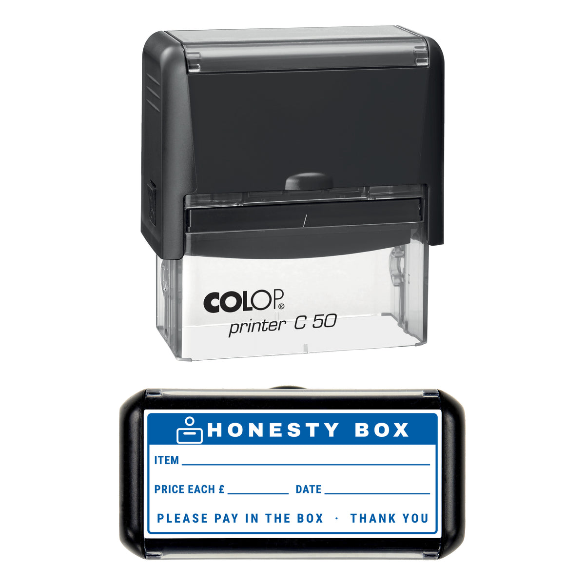 Honesty Box Price Label Stamp, COLOP C50, 70 x 30mm, blue ink