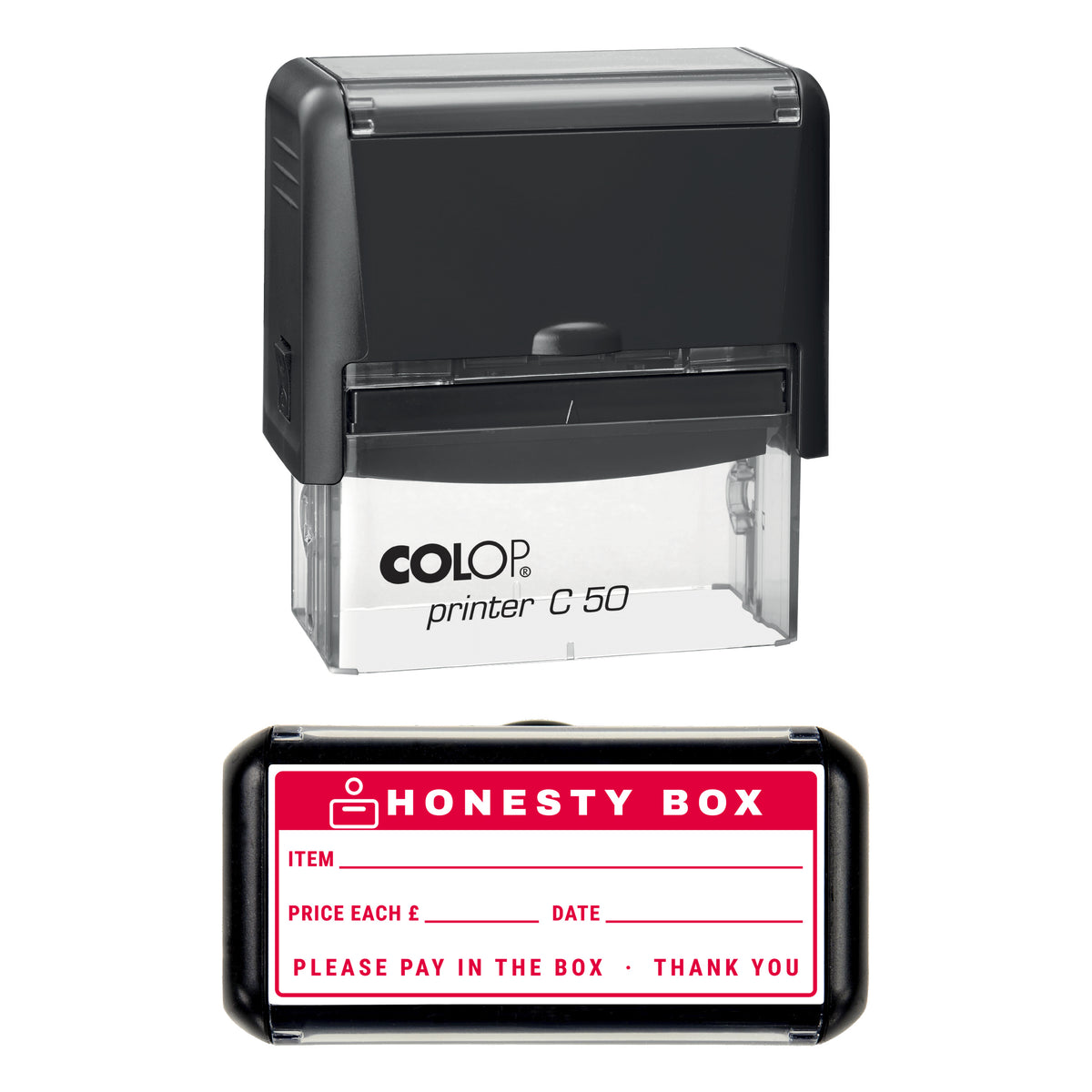 Honesty Box Price Label Stamp, COLOP C50, 70 x 30mm, red ink