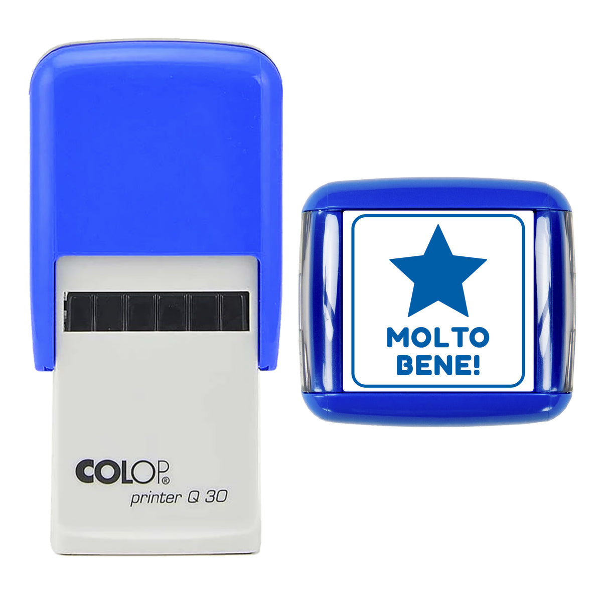 Molto Bene Italian Teacher Stamp, COLOP Q30, 30 x 30mm, blue ink