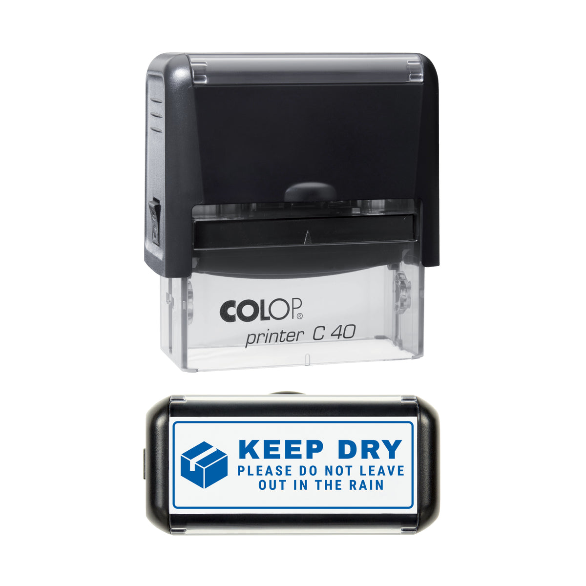 Keep Dry Do Not Leave in Rain Stamp, COLOP C40, 58 x 22mm, blue ink