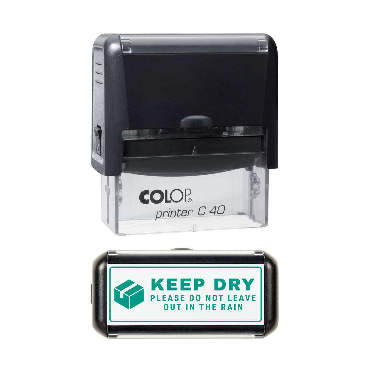 Keep Dry Do Not Leave in Rain Stamp, COLOP C40, 58 x 22mm, green ink