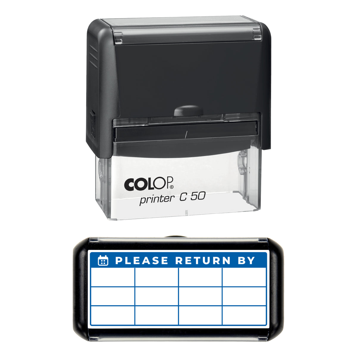 Please Return By Date Grid Stamp, COLOP C50, 70 x 30mm, blue ink