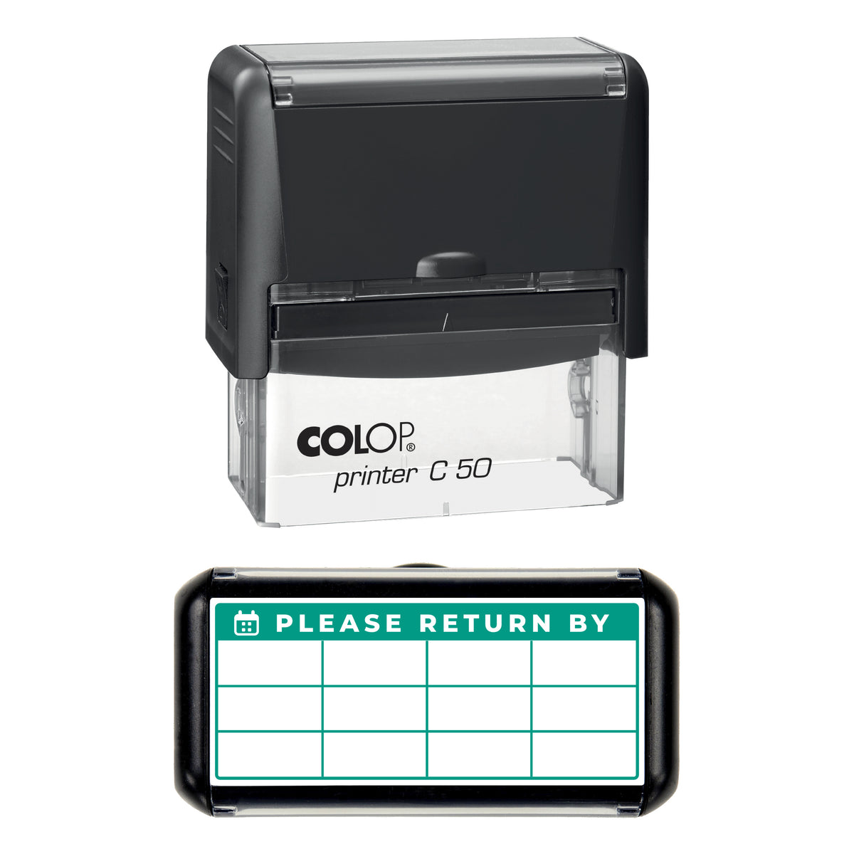 Please Return By Date Grid Stamp, COLOP C50, 70 x 30mm, green ink
