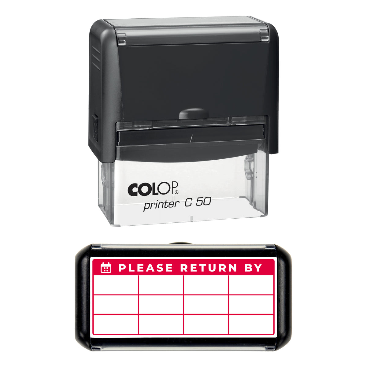 Please Return By Date Grid Stamp, COLOP C50, 70 x 30mm, red ink