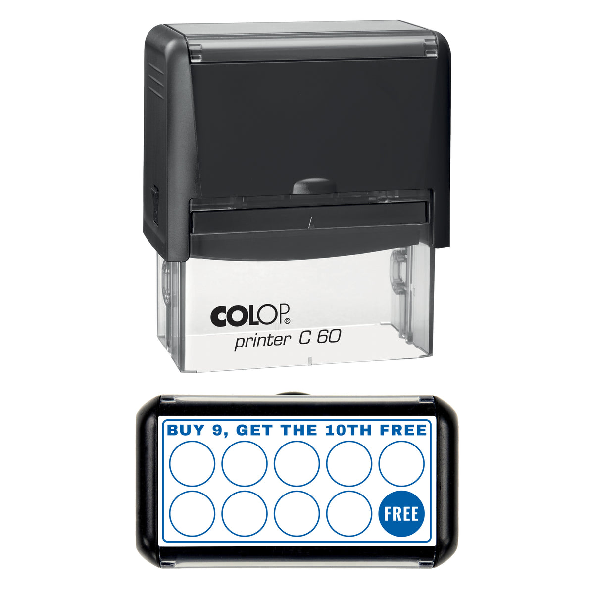 Buy 9 Get the 10th Free Loyalty Card Layout Stamp, COLOP C60, 77 x 36mm, blue ink