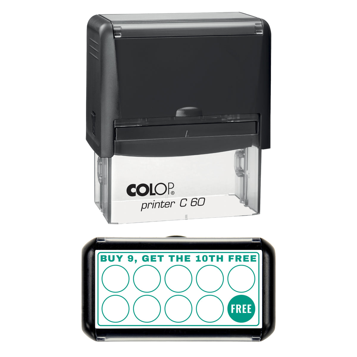 Buy 9 Get the 10th Free Loyalty Card Layout Stamp, COLOP C60, 77 x 36mm, green ink