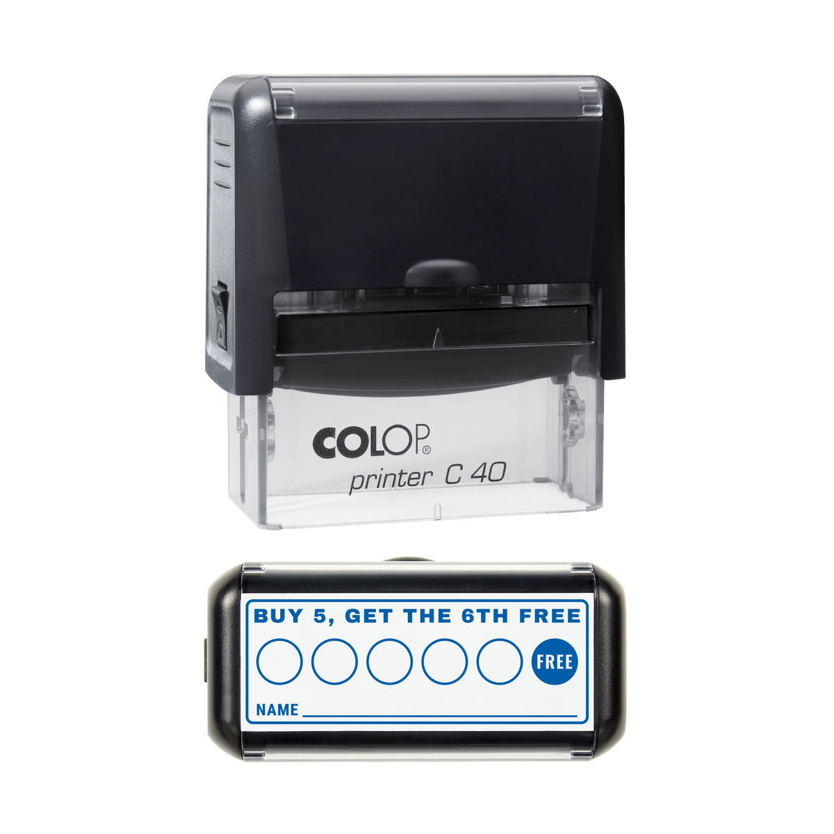 Buy 5 Get the 6th Free Loyalty Card Layout Stamp, COLOP C40, 58 x 22mm, blue ink