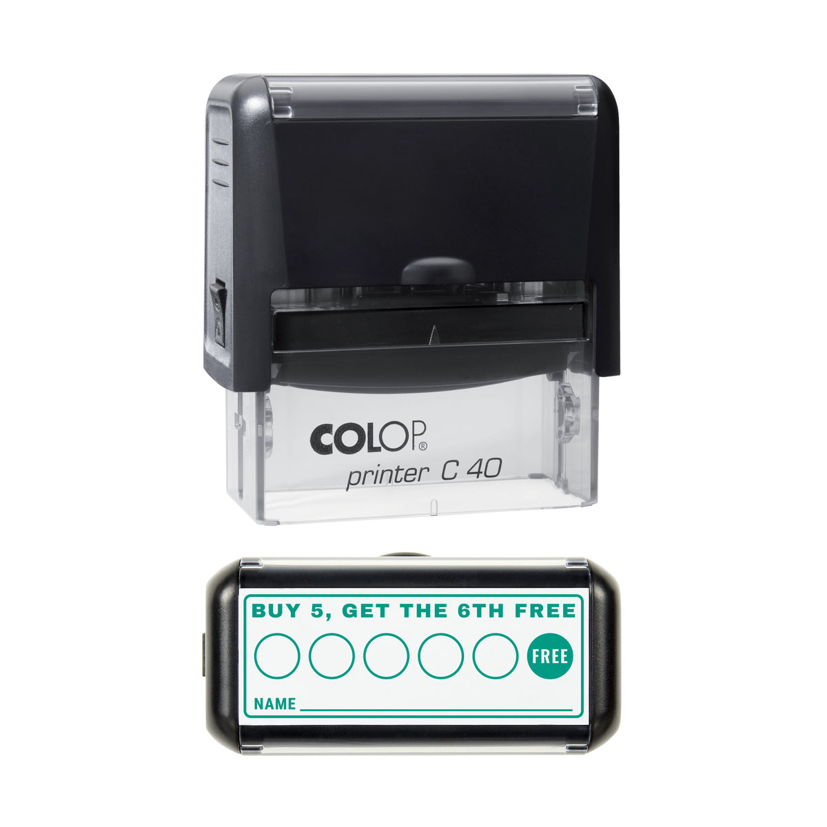 Buy 5 Get the 6th Free Loyalty Card Layout Stamp, COLOP C40, 58 x 22mm, green ink