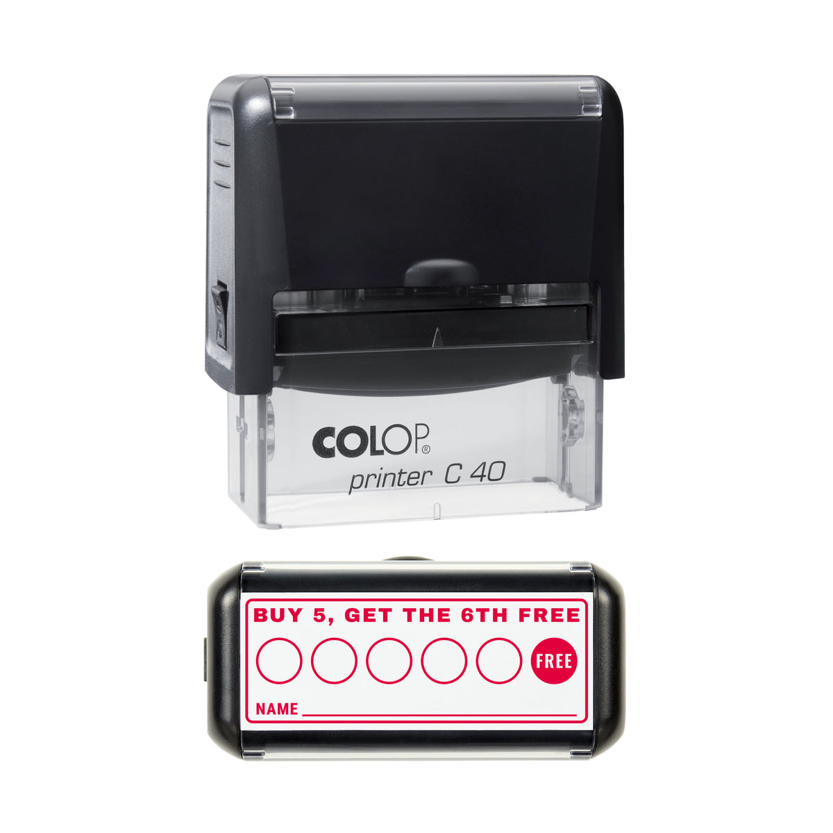 Buy 5 Get the 6th Free Loyalty Card Layout Stamp, COLOP C40, 58 x 22mm, red ink
