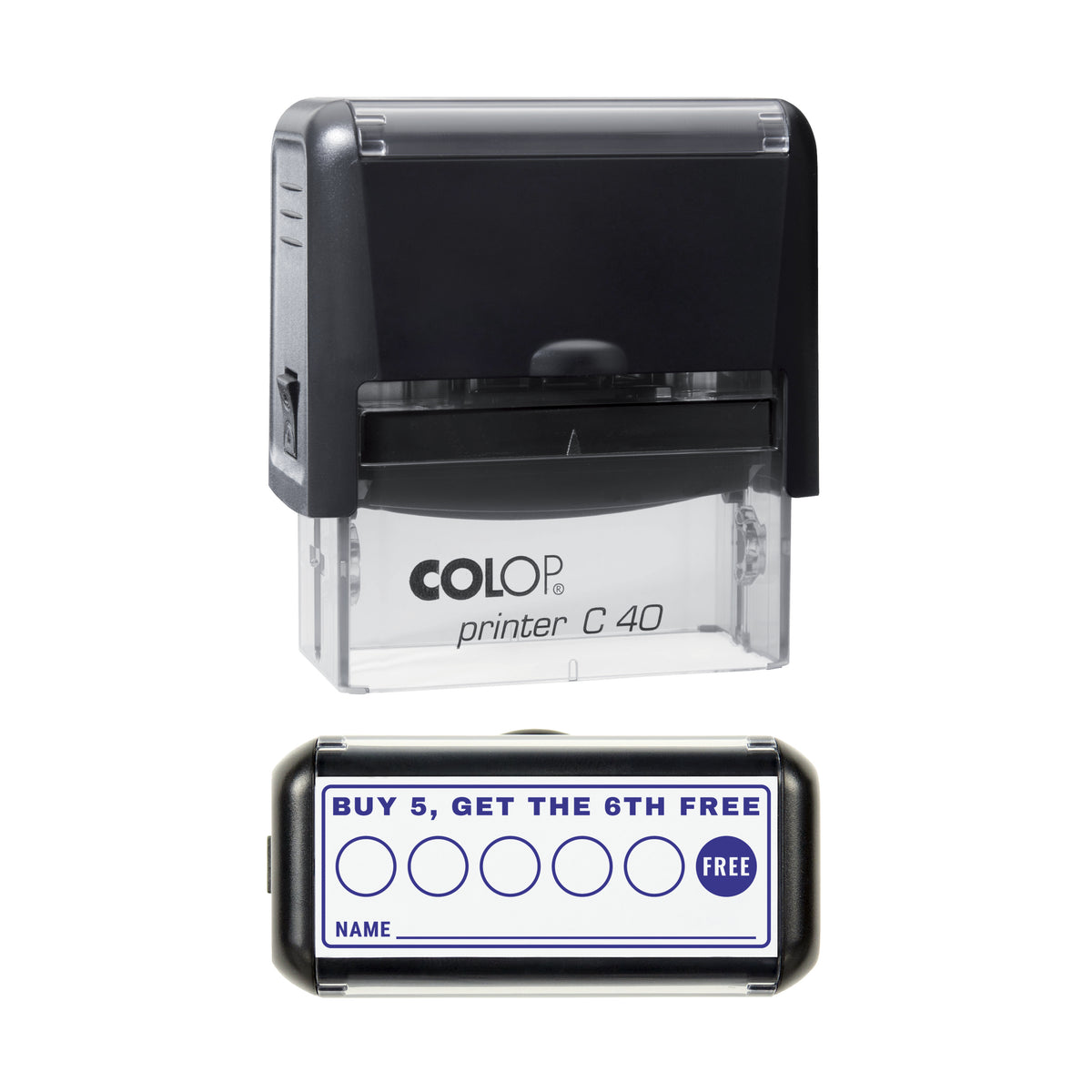 Buy 5 Get the 6th Free Loyalty Card Layout Stamp, COLOP C40, 58 x 22mm, violet ink