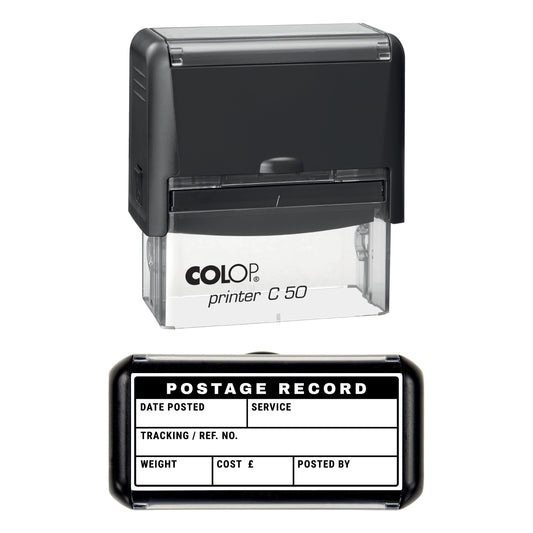 Stamp showing the Postage Record design, 70 x 30mm COLOP C50 self-inking stamp, black ink
