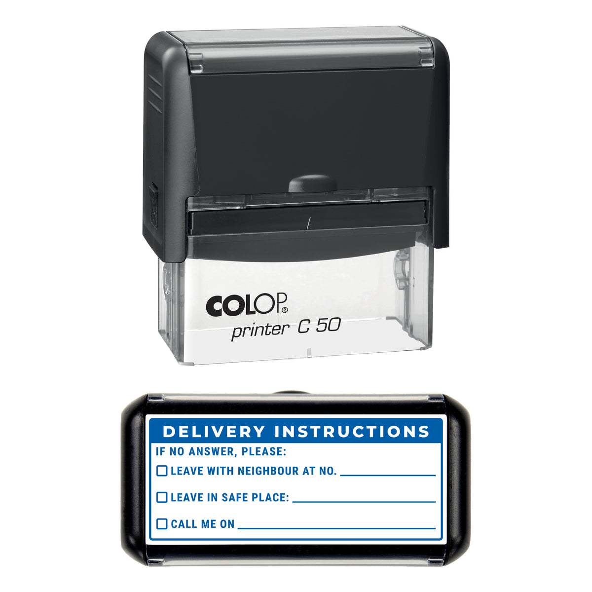 Delivery Instructions Stamp, COLOP C50, 70 x 30mm, blue ink
