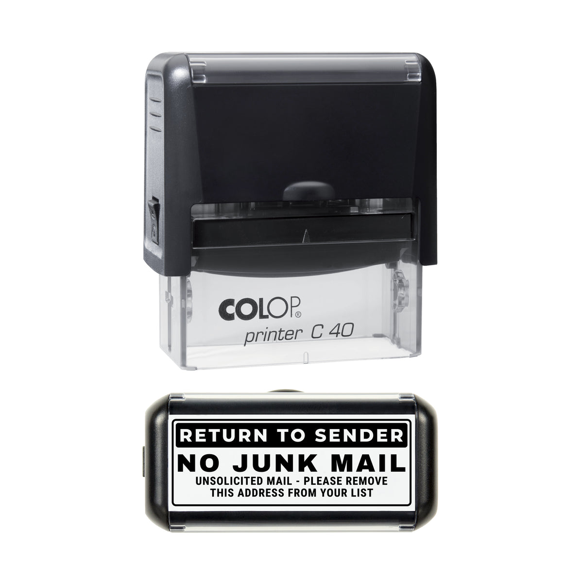 Return To Sender No Junk Mail Stamp, COLOP C40, 58 x 22mm, black ink