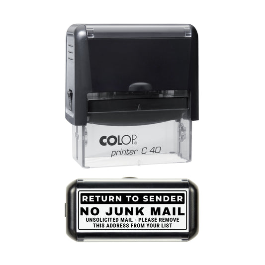 Stamp showing the Return To Sender No Junk Mail design, 58 x 22mm COLOP C40 self-inking stamp, black ink