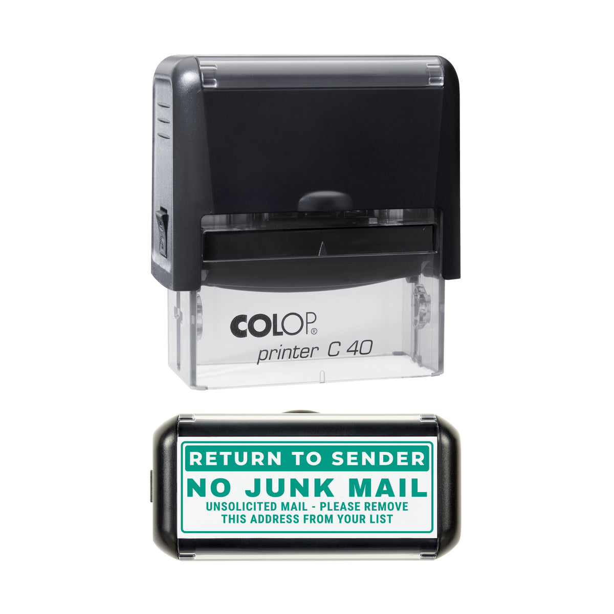 Return To Sender No Junk Mail Stamp, COLOP C40, 58 x 22mm, green ink
