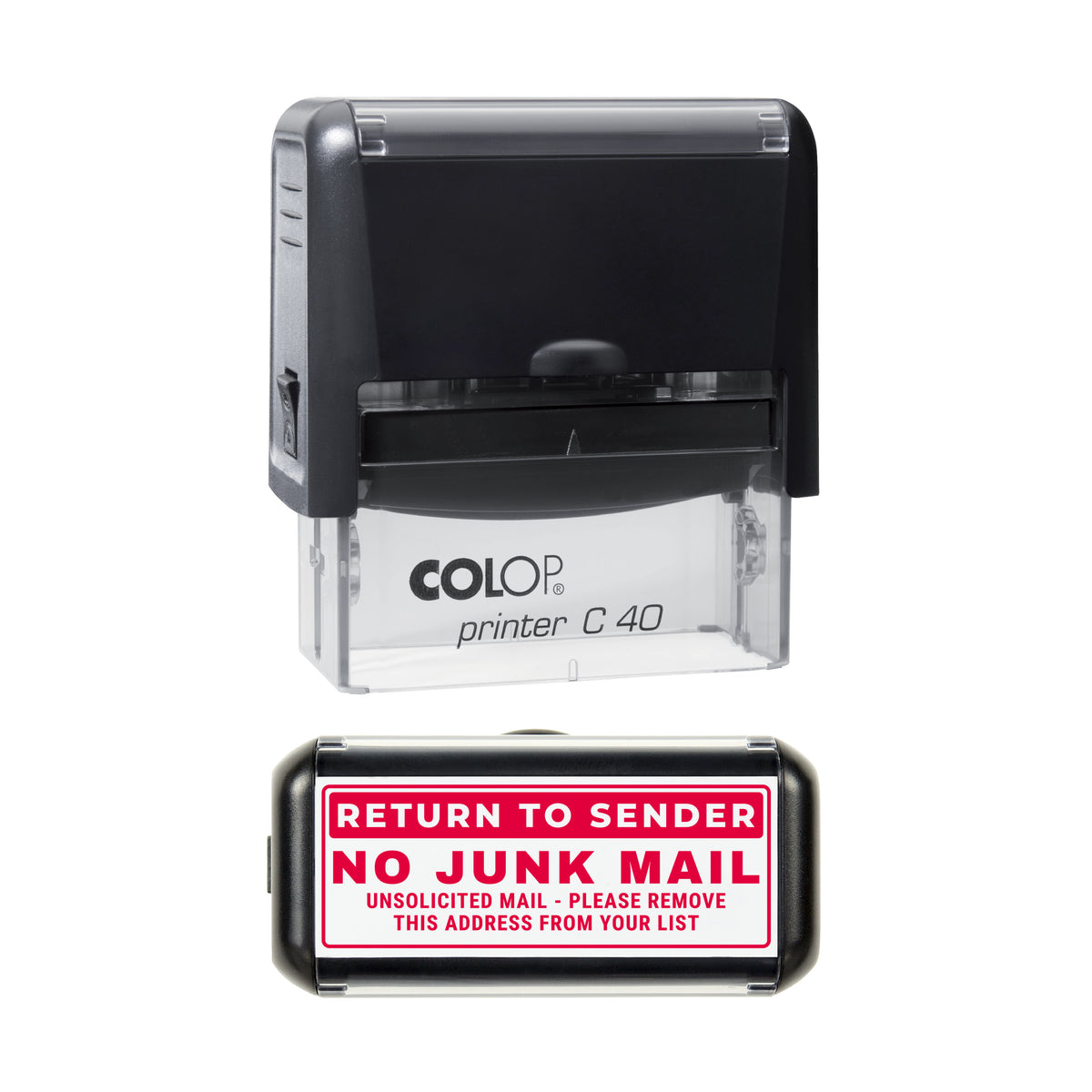 Return To Sender No Junk Mail Stamp, COLOP C40, 58 x 22mm, red ink
