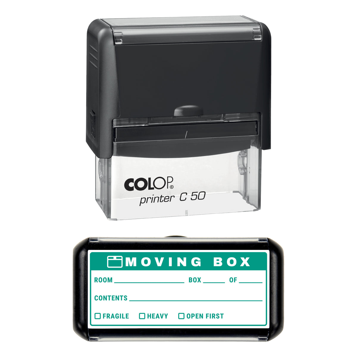 Moving Box Contents Label Stamp, COLOP C50, 70 x 30mm, green ink