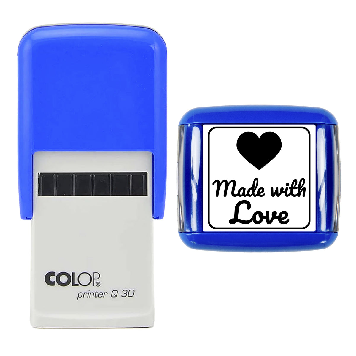 Stamp showing the Made with Love Heart design, 30 x 30mm COLOP Q30 self-inking stamp, black ink