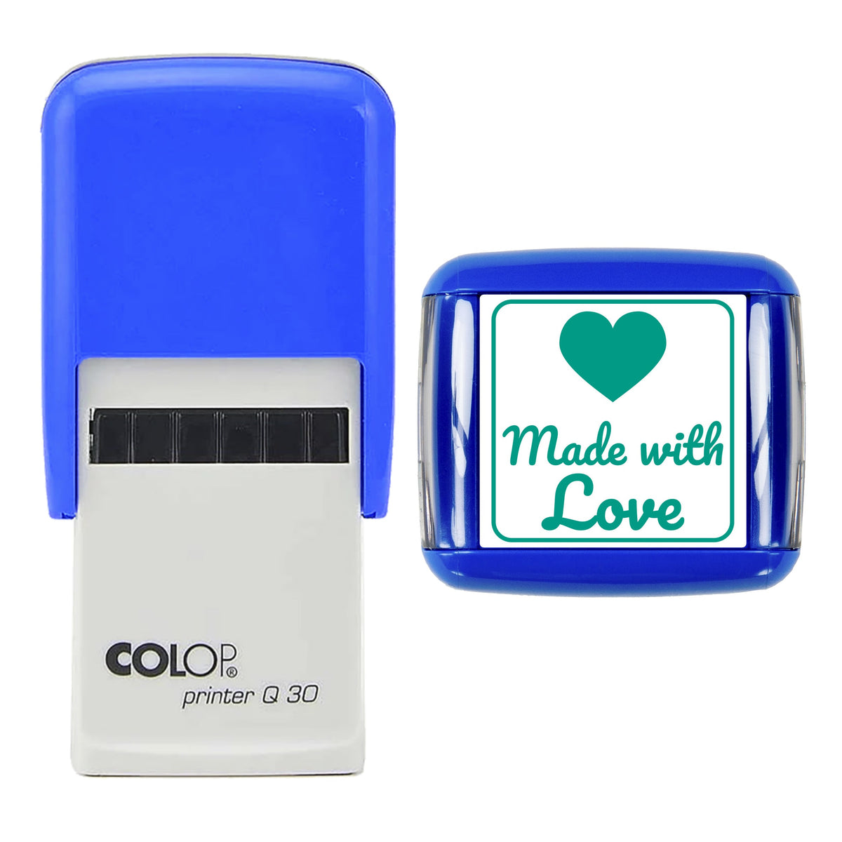 Stamp showing the Made with Love Heart design, 30 x 30mm COLOP Q30 self-inking stamp, green ink