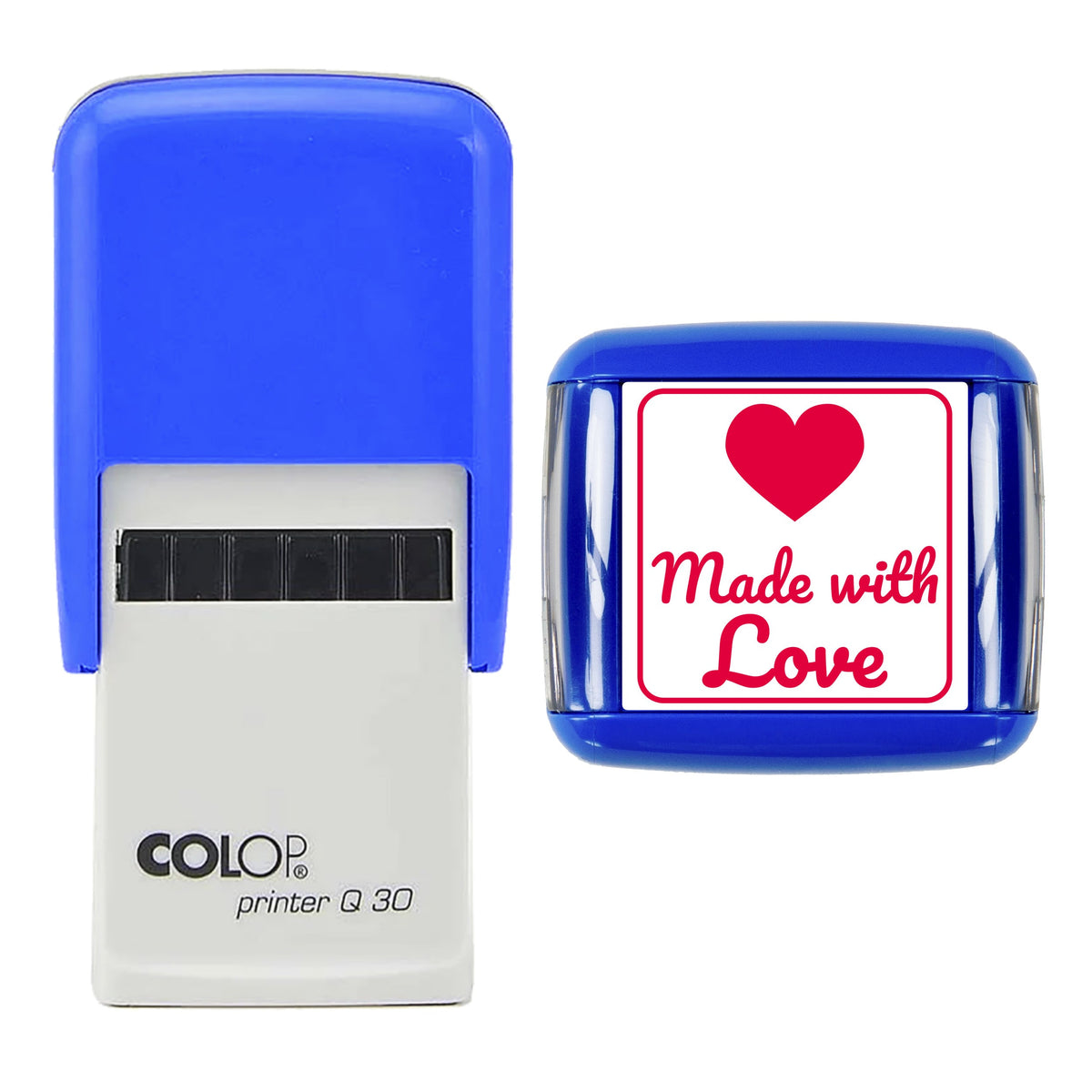 Stamp showing the Made with Love Heart design, 30 x 30mm COLOP Q30 self-inking stamp, red ink
